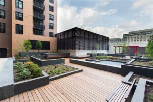 rooftop deck with modular garden area, benches